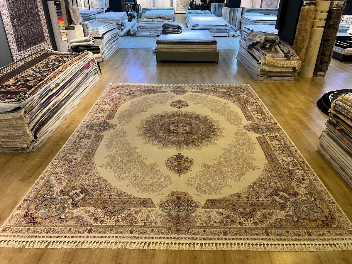 Ivory Bamboo Silk Rug 10x13 ft, Elegant Large Area Rug with Classic Medallion Pattern