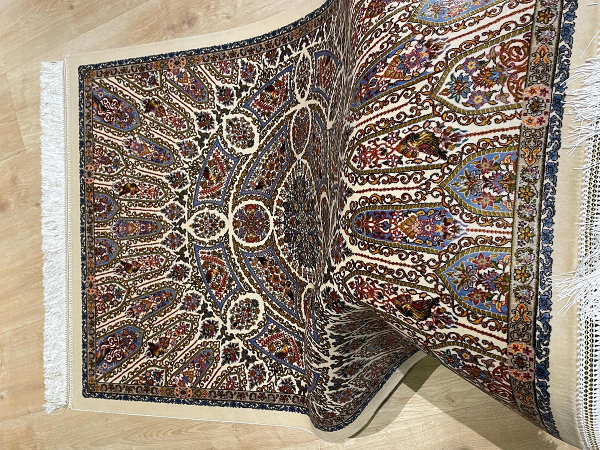 Cream Small Silk Rug, Ornate Medallion Silk Mat, Luxury Home Decor
