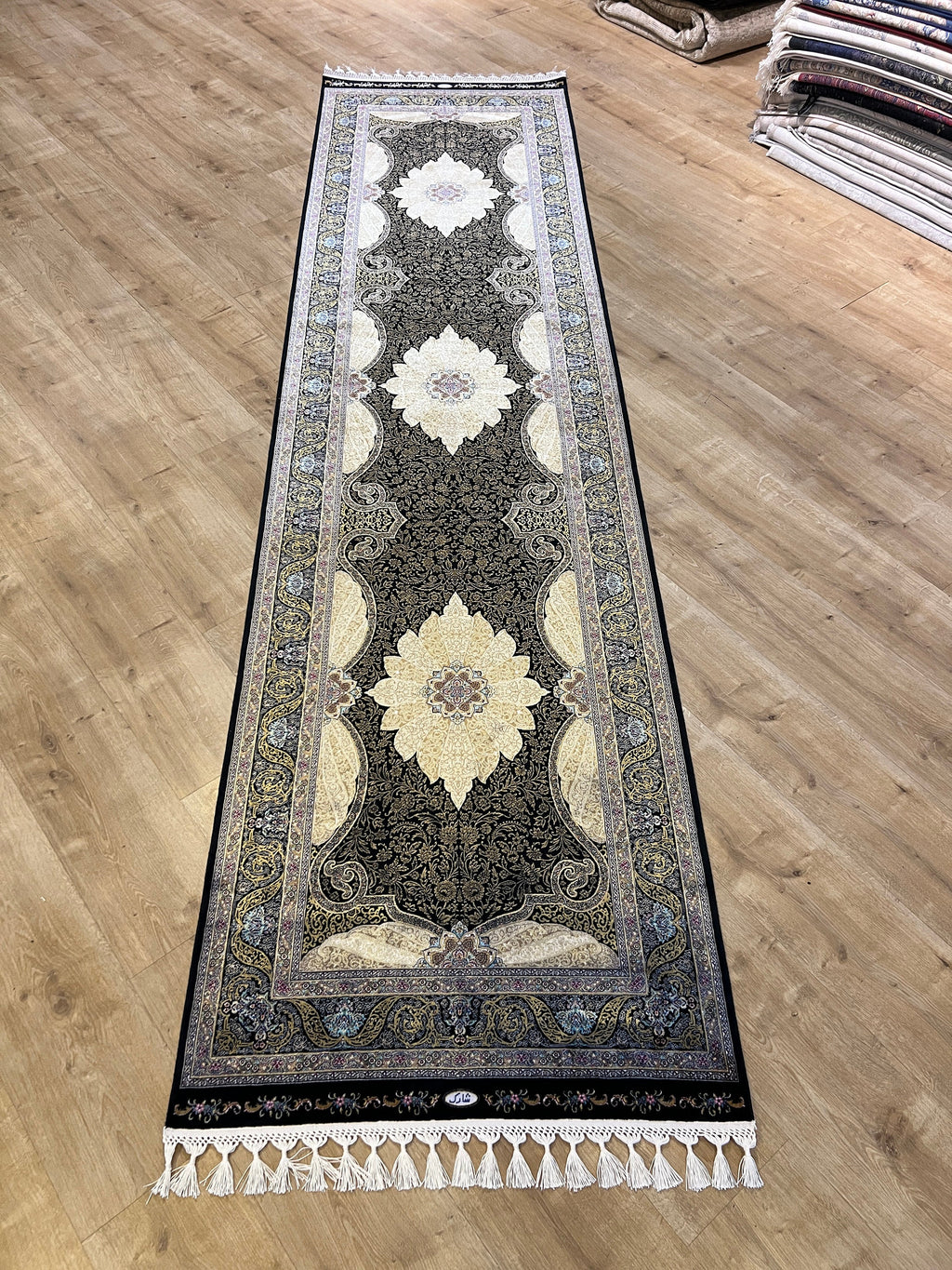 Black Gold Medallion Silk Runner Rug, 3x10 ft, Classic Luxury Hallway Rug