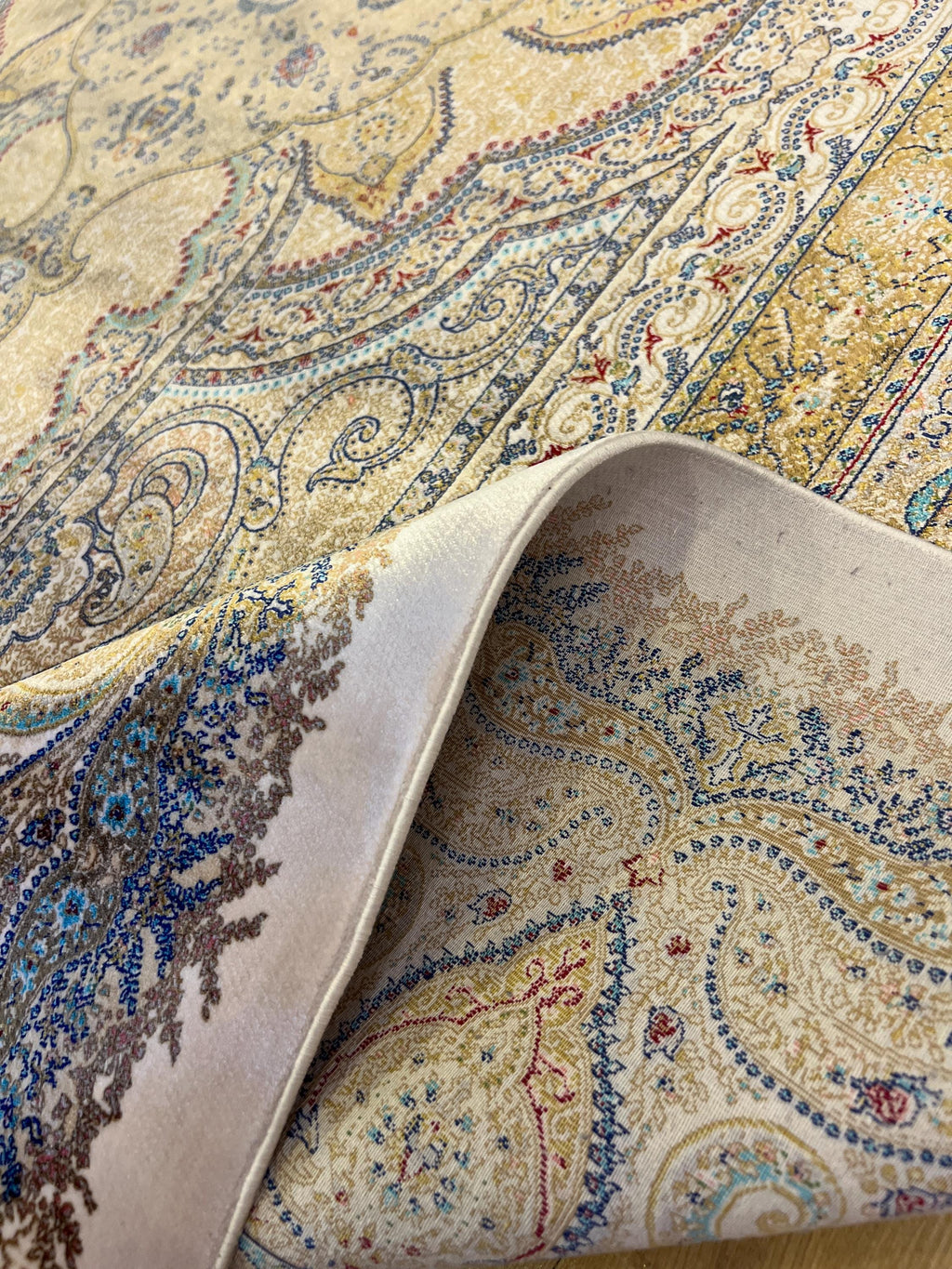 Blue Gold Silk Rug, Medallion Design Classic Silk Carpet
