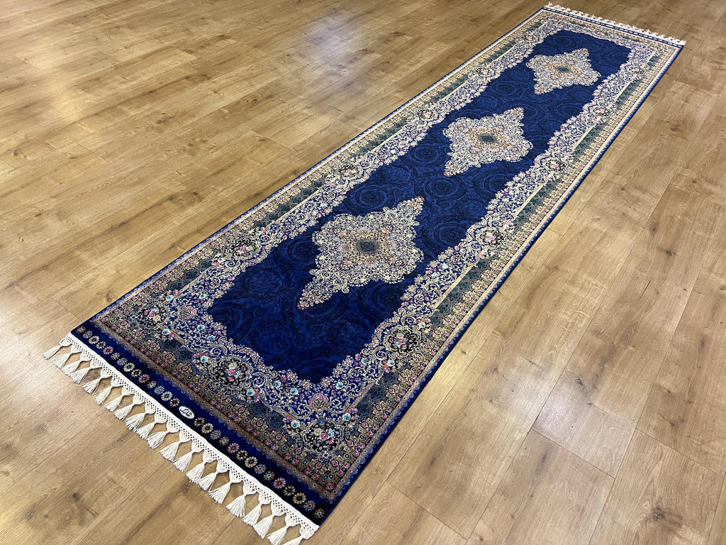 Navy Blue Medallion Silk Runner Rug, 3x10 ft, Classic Luxury Hallway Rug