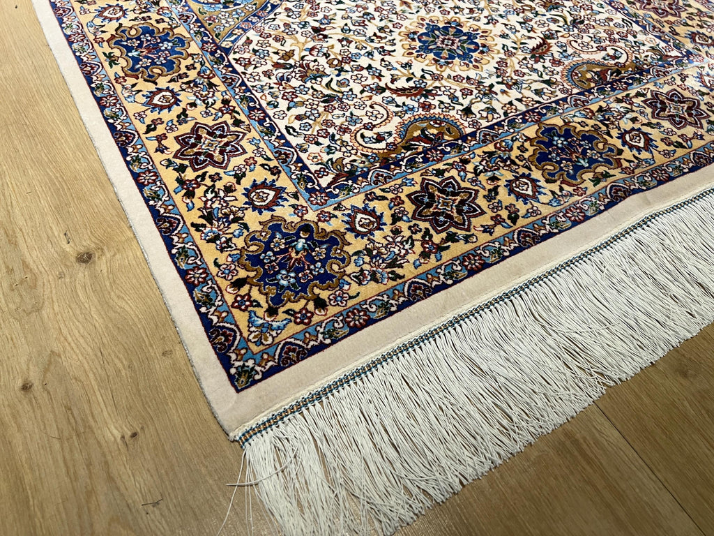 2.62x4.10 Ft Ivory Beige Silk Prayer Rug With Floral Design, Muslim Gift Prayer Mat