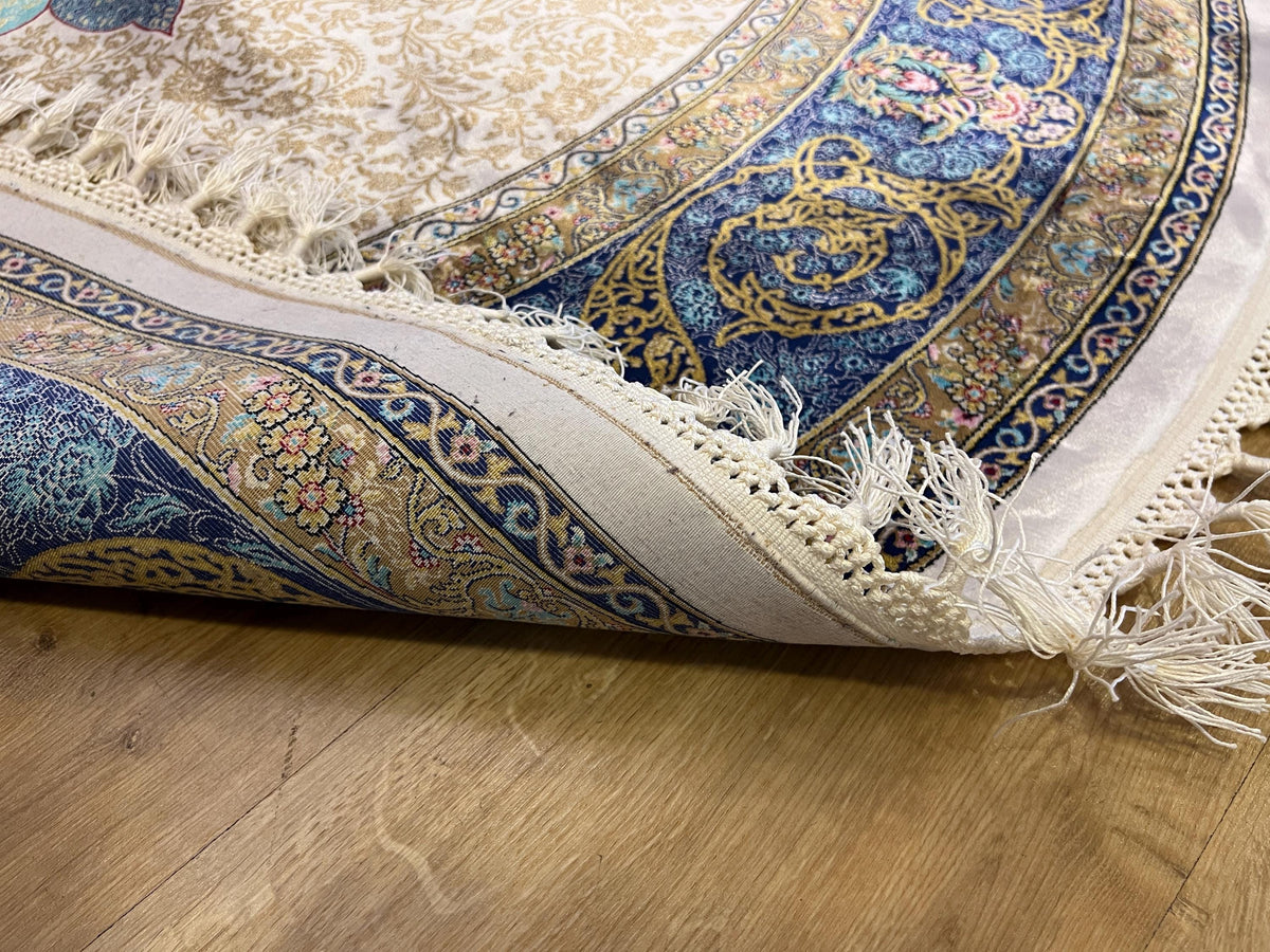 Ivory Silk Rug, Gold Pattern With Blue Medallion, Classic Luxury Area Rug
