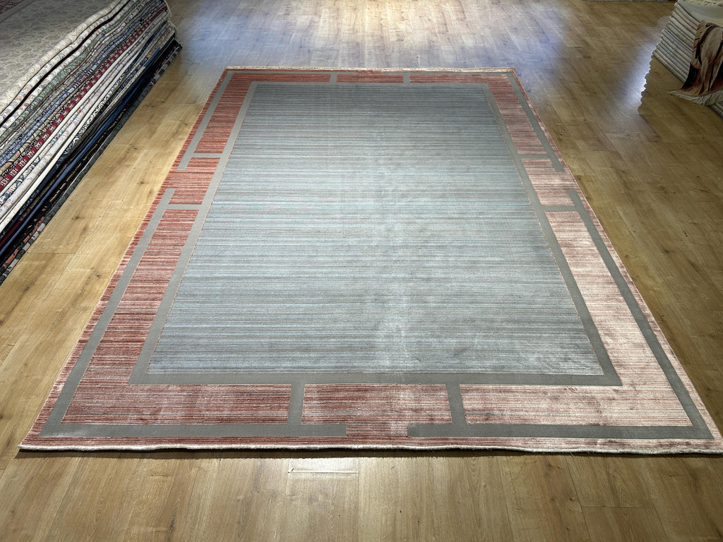 7x10 ft Pink Gray Beige Bamboo Rug, Bordered Minimalist Modern Rug, Oversize Carpet