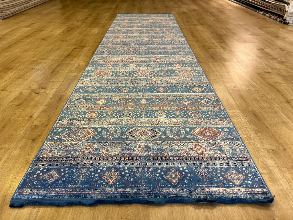 Blue Ethnic Pattern Bamboo Runner Rug, 3x10 ft, Modern Hallway Rug