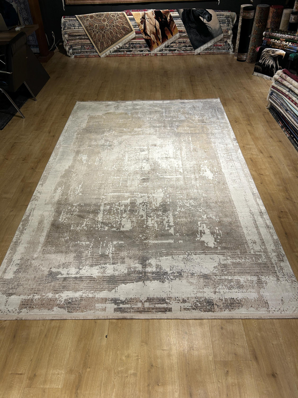7x10 Ft Gray Beige Bamboo Rug, Abstract Bamboo Carpet, Modern Home Decor