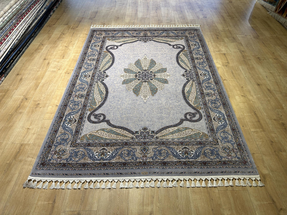 Gray Silk Rug, Gold Blue Medallion, Classic Traditional Style Carpet