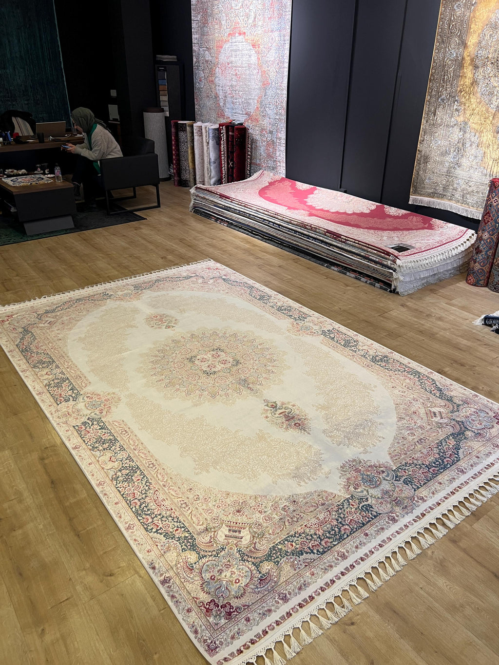 5x8 ft Blue Cream Luxury Silk Rug, Classic Turkish Style Carpet