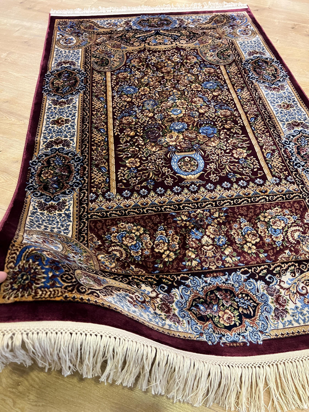 Red Modal Silk Prayer Rug, Muslim Janamaz Mat (2.62X4.10)