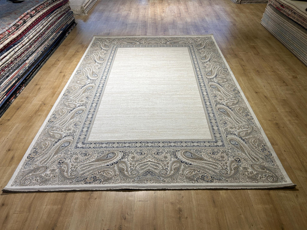 Cream Background Bamboo Rug with Beige Gray Navy Blue Border Design, Classic Home Decor