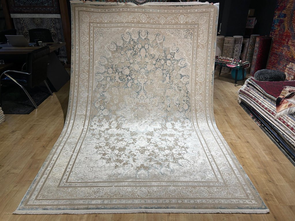 Beige Blue Silk Rug, Distressed Pattern Medallion Design, Classic Silk Carpet