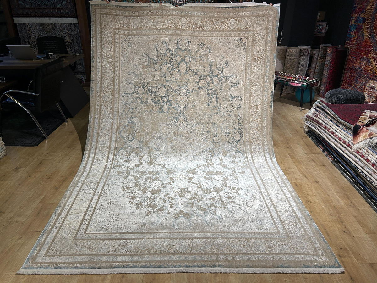 Beige Blue Silk Rug, Distressed Pattern Medallion Design, Classic Silk Carpet