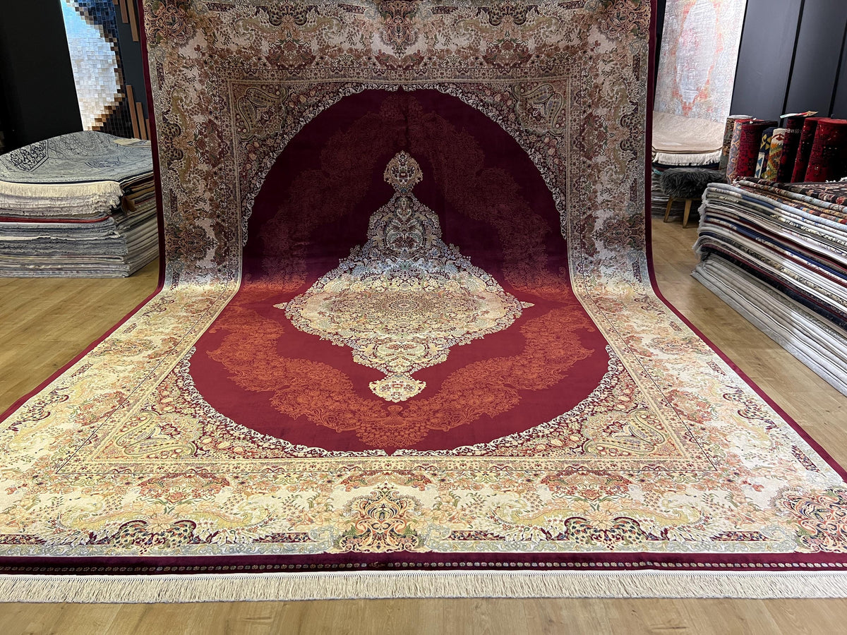 Red Gold Medallion Bamboo Silk Rug, 10x13 ft, Large Area Rug, Luxury Home Decor