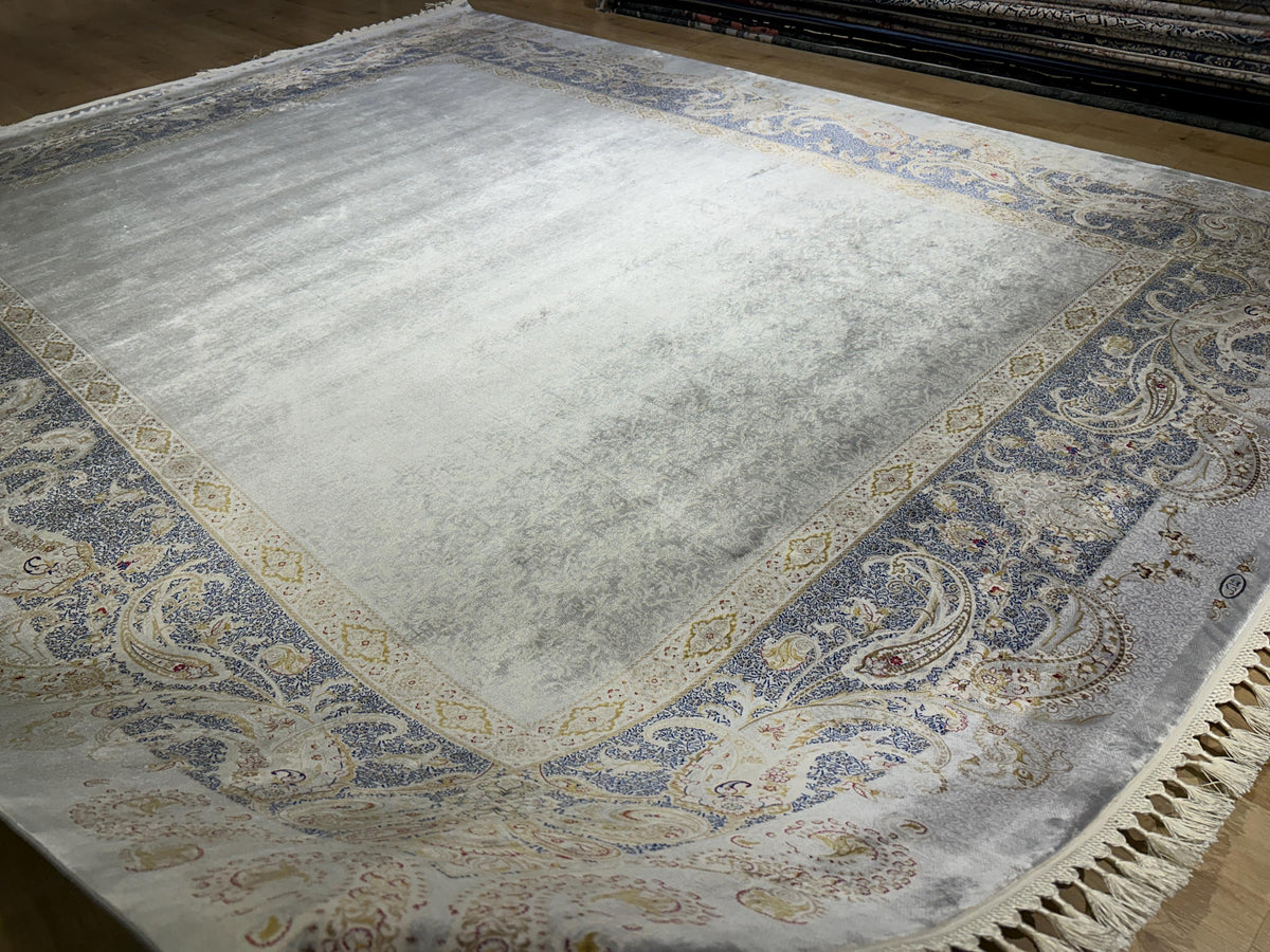 8x10 ft Gray Silk Rug,  Gray  Gold Border Design Turkish Carpet, Luxury Home Decor