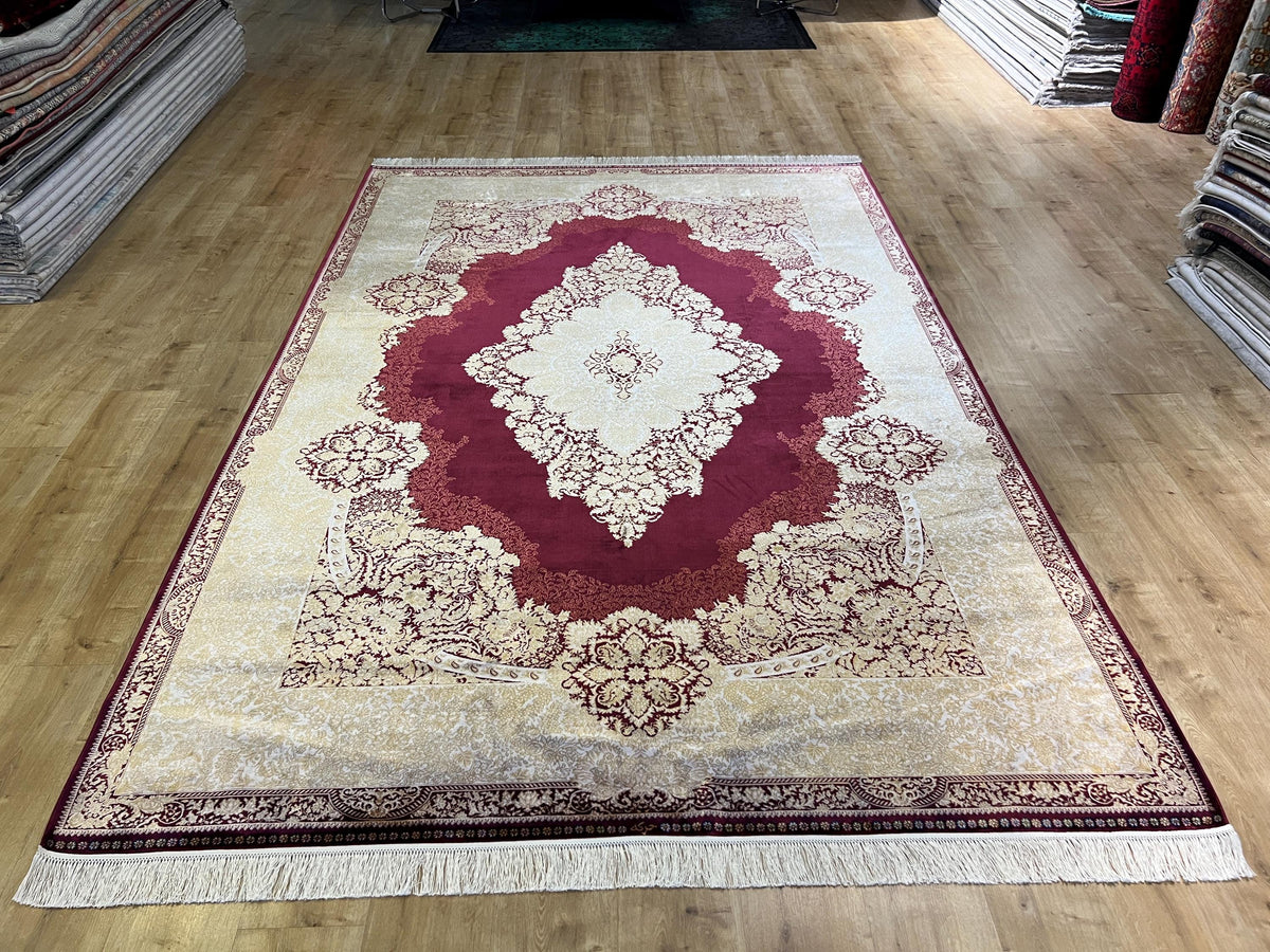 7x10 ft Red Silk Rug with Gold Medallion – Classic Turkish Style Luxury Carpet