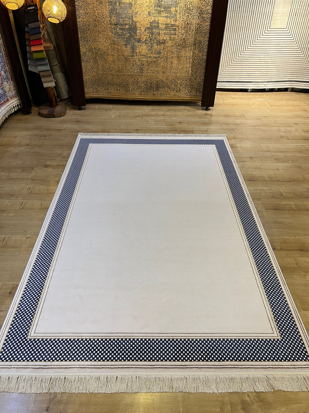 White and Blue Bamboo Rug, Bordered Minimalist Rug, 5x8 ft
