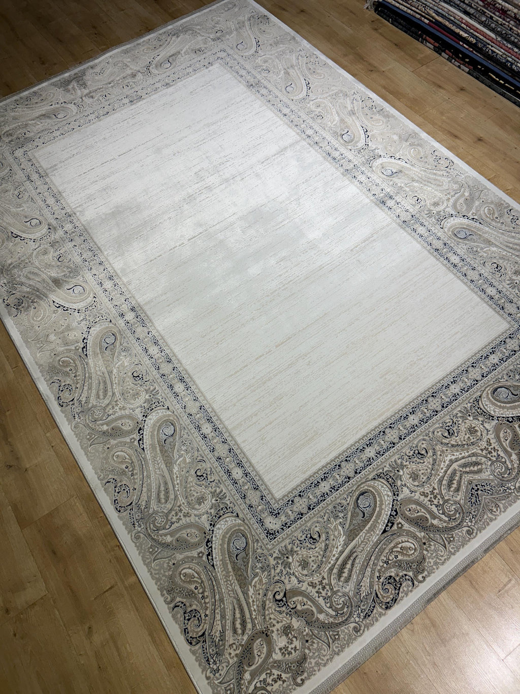 Cream Background Bamboo Rug with Beige Gray Navy Blue Border Design, Classic Home Decor