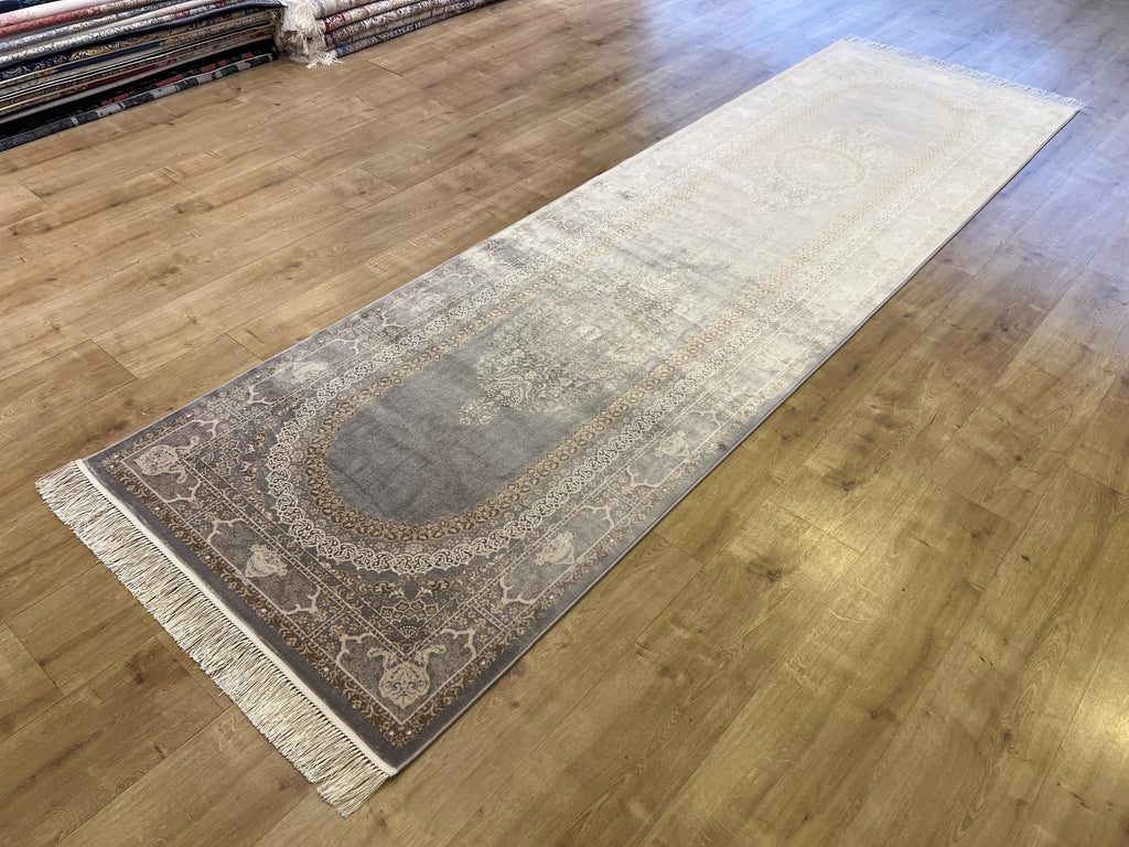 Gray Medallion Turkish Silk Runner Rug, Classic Luxury Hallway Rug