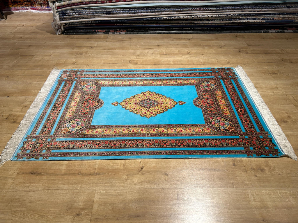 Blue Silk Rug, Floral Medallion and Border Design Classic Luxury Silk Carpet