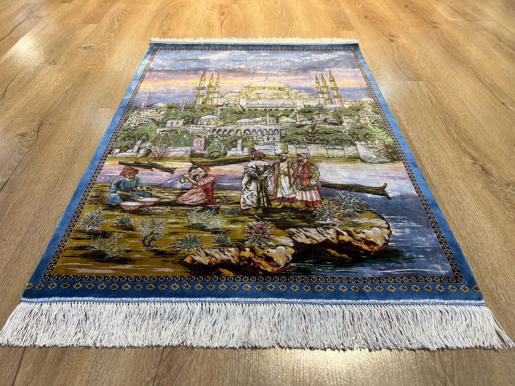 Old Istanbul Landscape Silk Rug, Decorative Table Mat, Tapestry