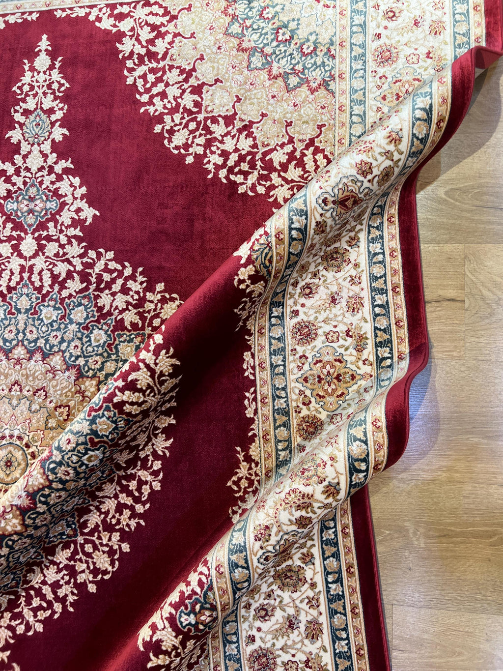 5x8 ft Red Silk Rug, Blue Gold Medallion, Classic Turkish Carpet, Luxury Rug