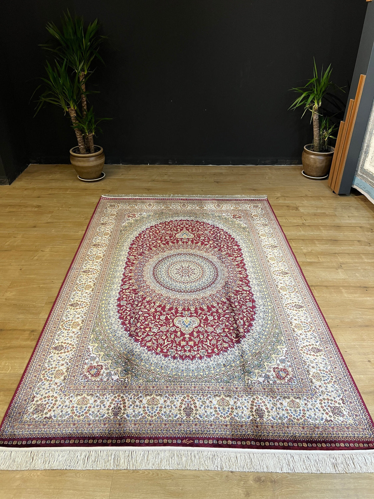 Red Beige Silk Rug, Turkish Carpet, Medallion Design 5x8 ft