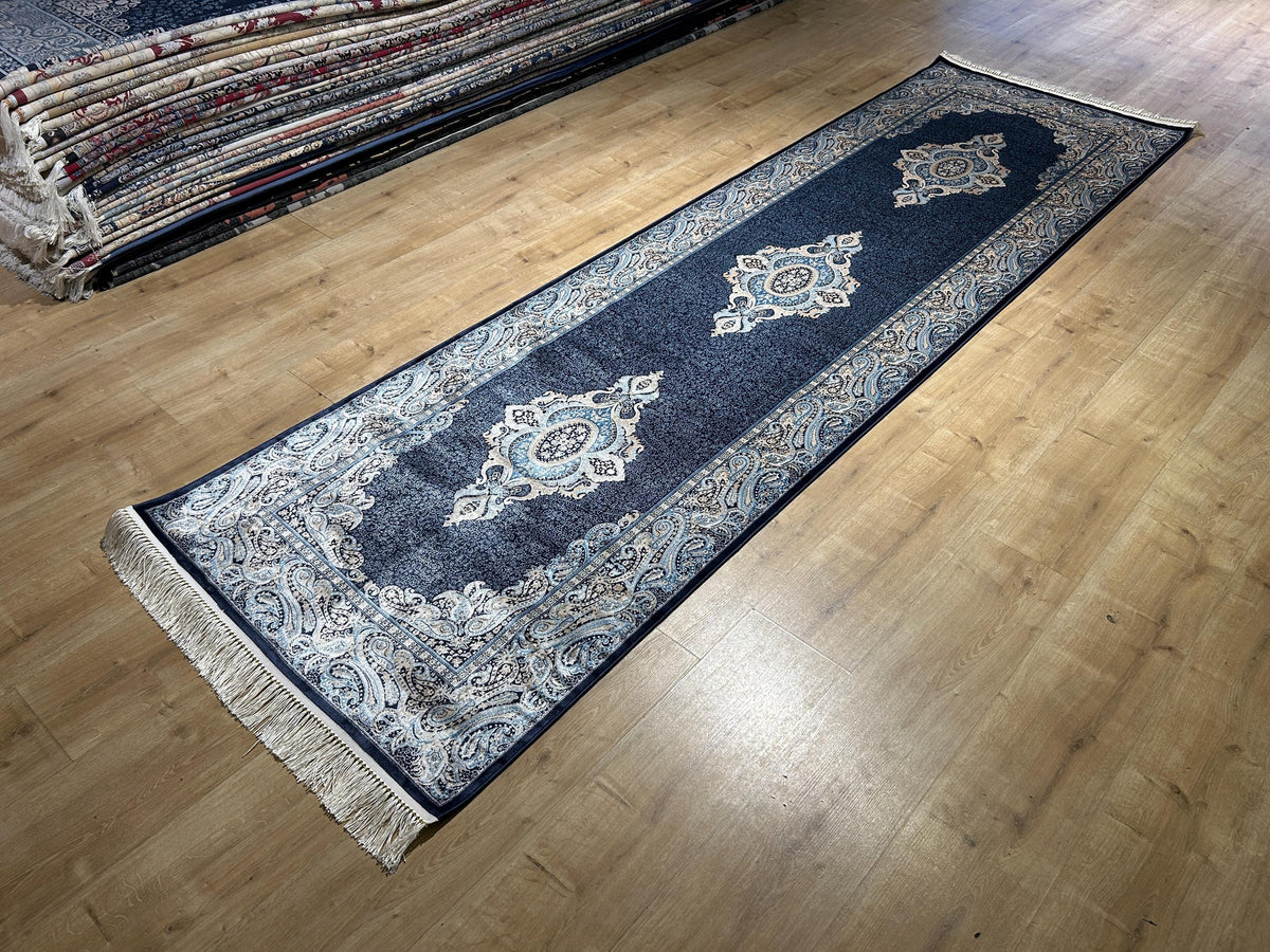 Blue Medallion Turkish Silk Runner Rug, Classic Luxury Hallway Rug