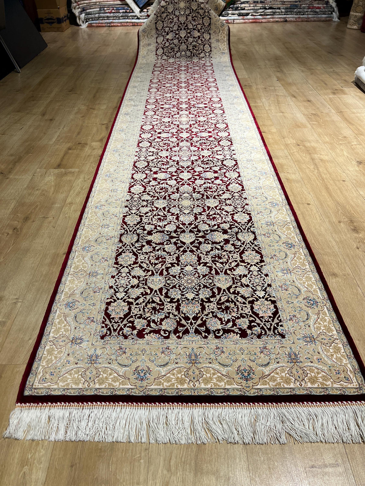 3x13 ft Red Silk Runner Rug, Blue Medallion, Classic Luxury Hallway Rug