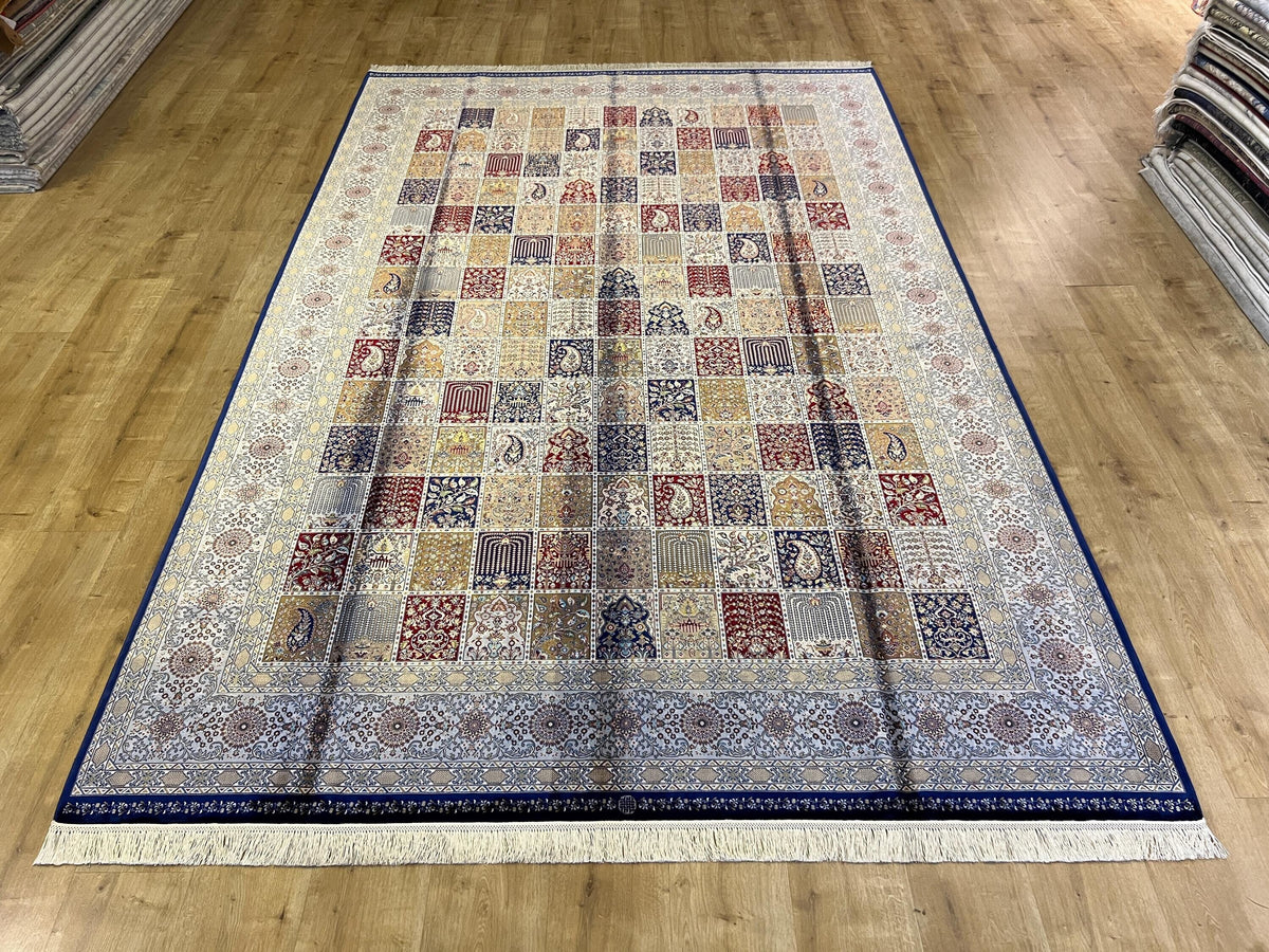 7x10 ft Blue Silk Rug, Classic Traditional Design, Luxury Turkish Style