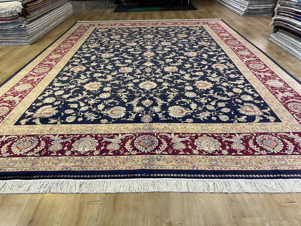 Dark Blue Red Silk Rug 10x13 ft, Turkish Ottoman Style, Oversized Soft Area Rug