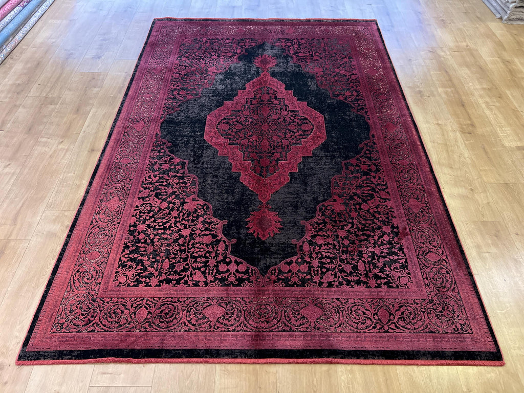 5x8 ft Black Bamboo Rug with Red Medallion and Border