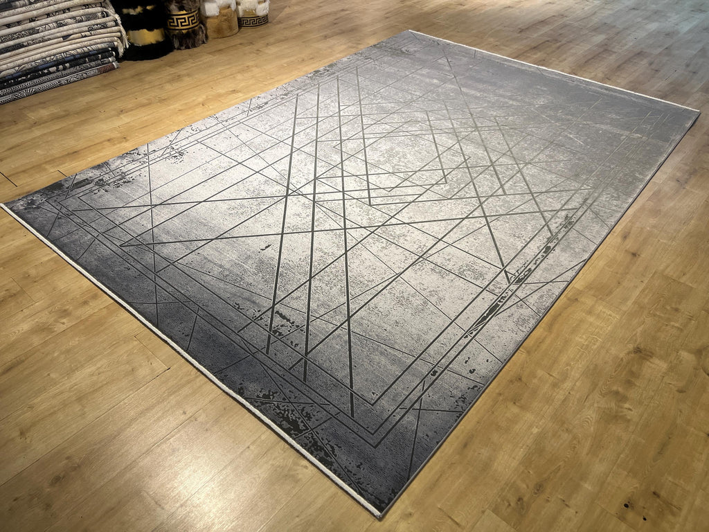 7x10 Ft Gray Modern Bamboo Rug with Geometric Pattern