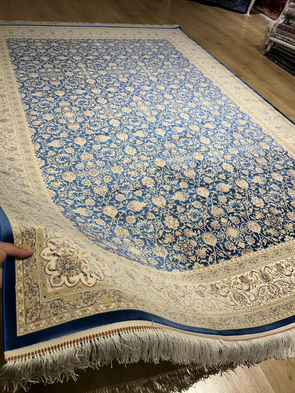 7x10 ft Floral Blue Silk Rug, Classic Silk Carpet, Luxury Home Decor