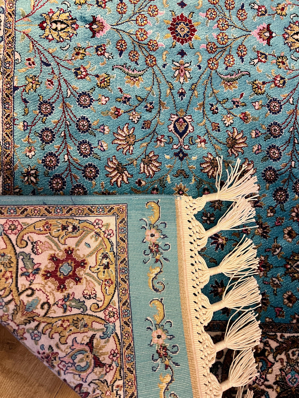 Blue Floral Silk Rug, Classic Luxury Design, Decorative Small Rug, Tapestry