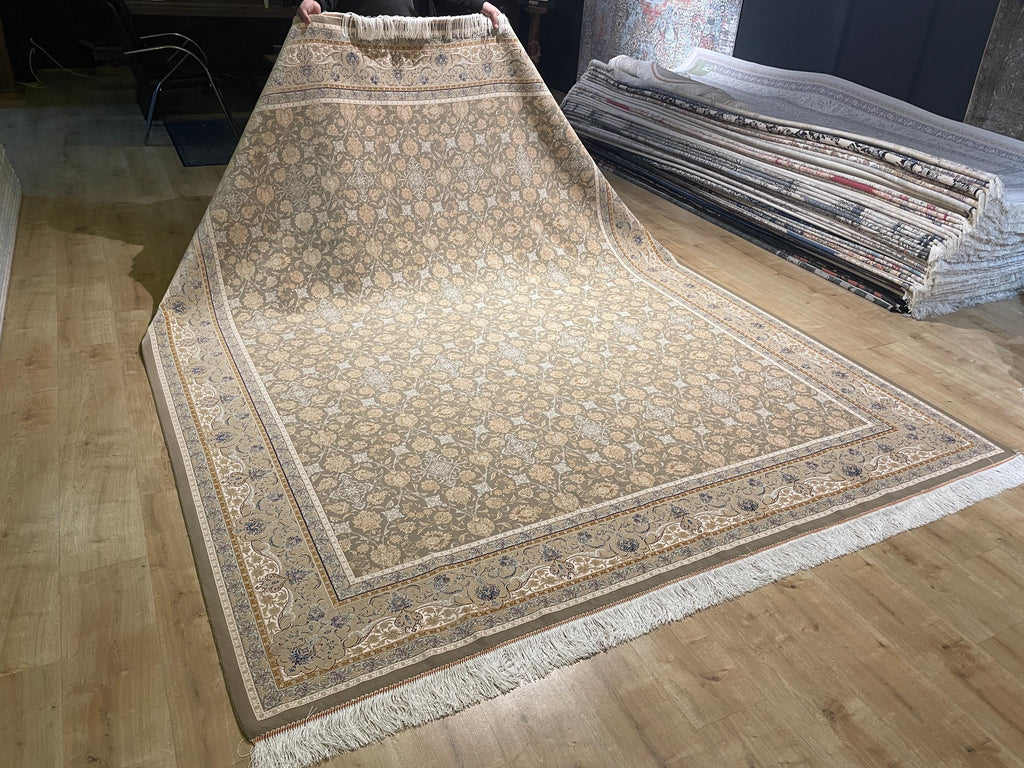 Beige Silk Rug, Cream Floral Design With Elegant Border, Luxury Area Rug
