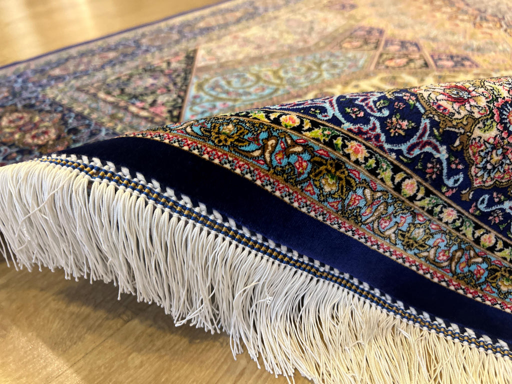 5x8 ft Silk Rug, Navy Blue Gold Medallion, Classic Turkish Style, Luxury Carpet