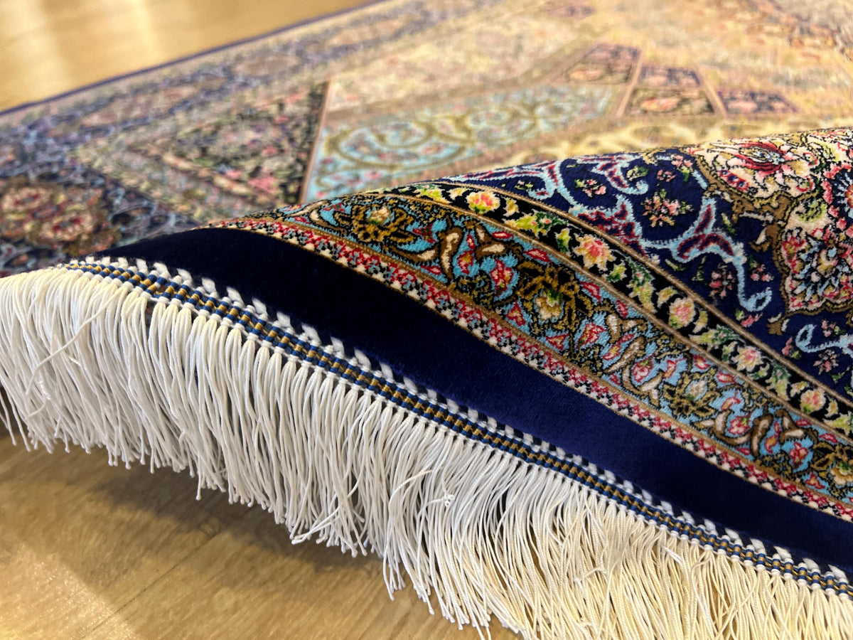 5x8 ft Silk Rug, Navy Blue Gold Medallion, Classic Turkish Style, Luxury Carpet