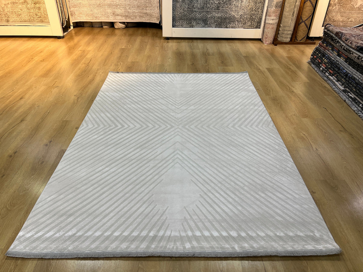 Cream Gray Bamboo Acrylic Rug, Turkish Modern Design, 5x8 ft