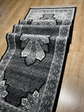3x10 ft Black Gray Runner Silk Rug, Medallion Design, Classic Luxury Area Rug