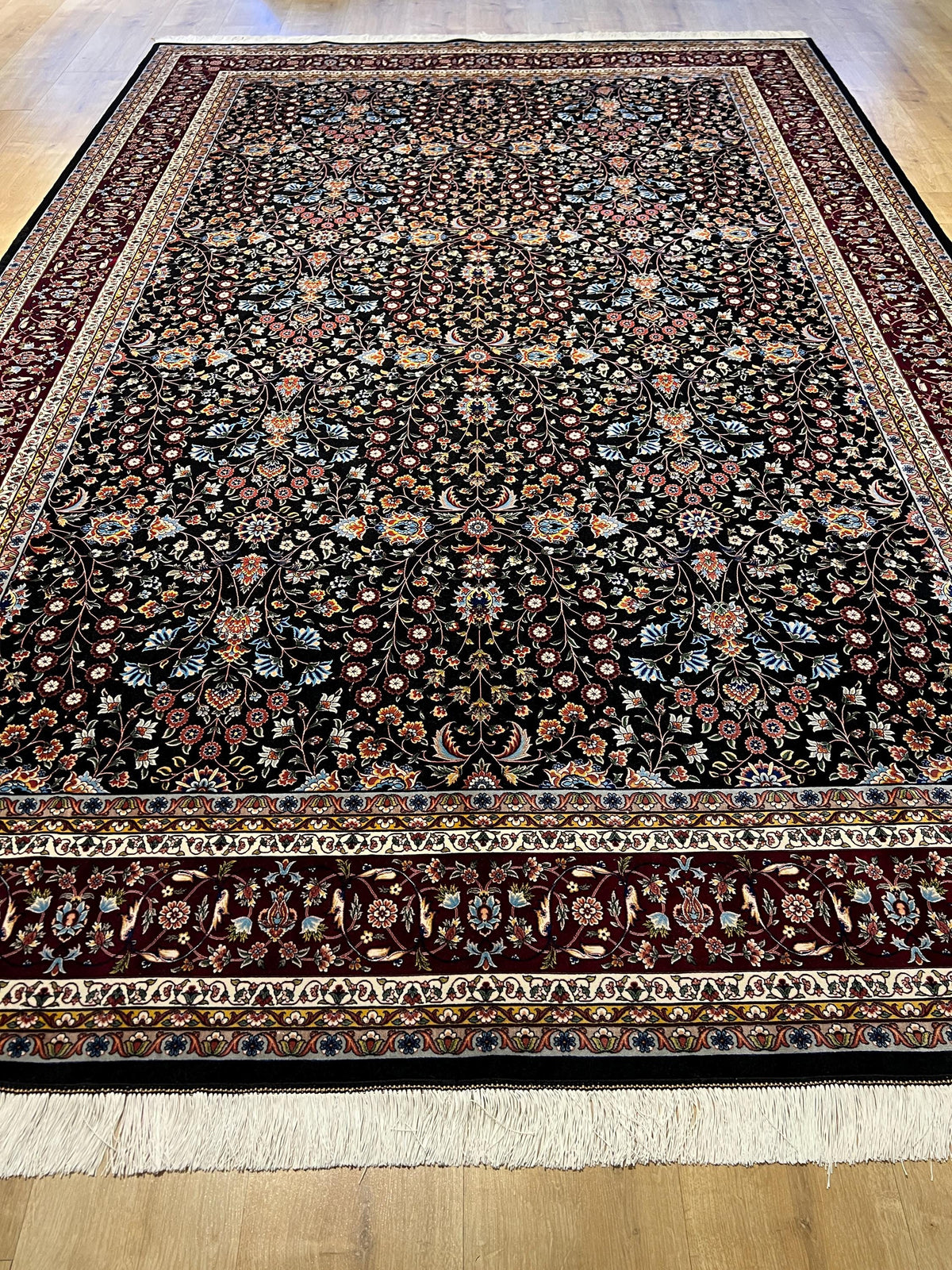 7x10 Ft Black Traditional Silk Rug With Red Border, Floral Classic Design