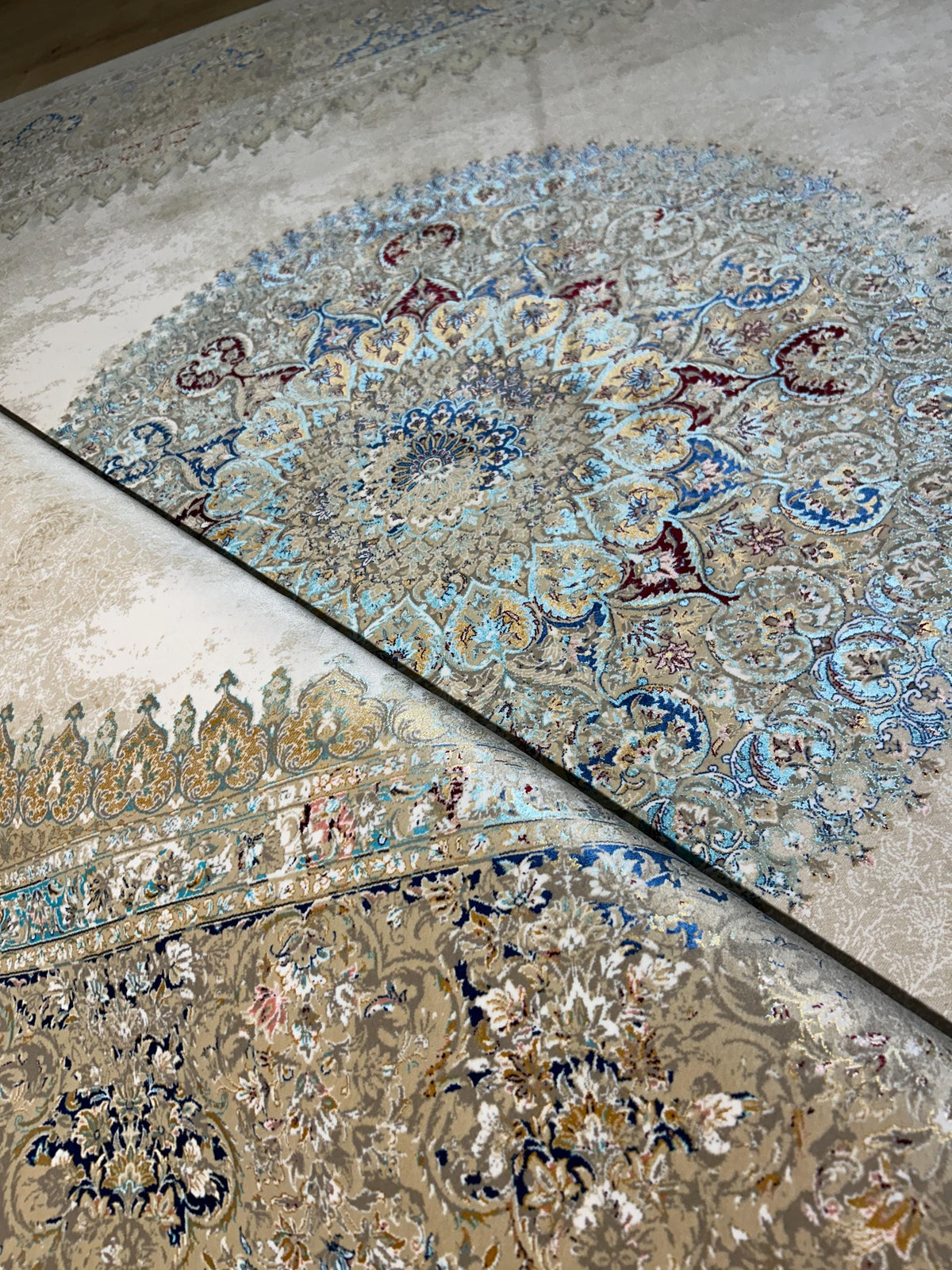 7x10 Beige Silk Rug, Blue Medallion Classic Luxury Turkish Carpet
