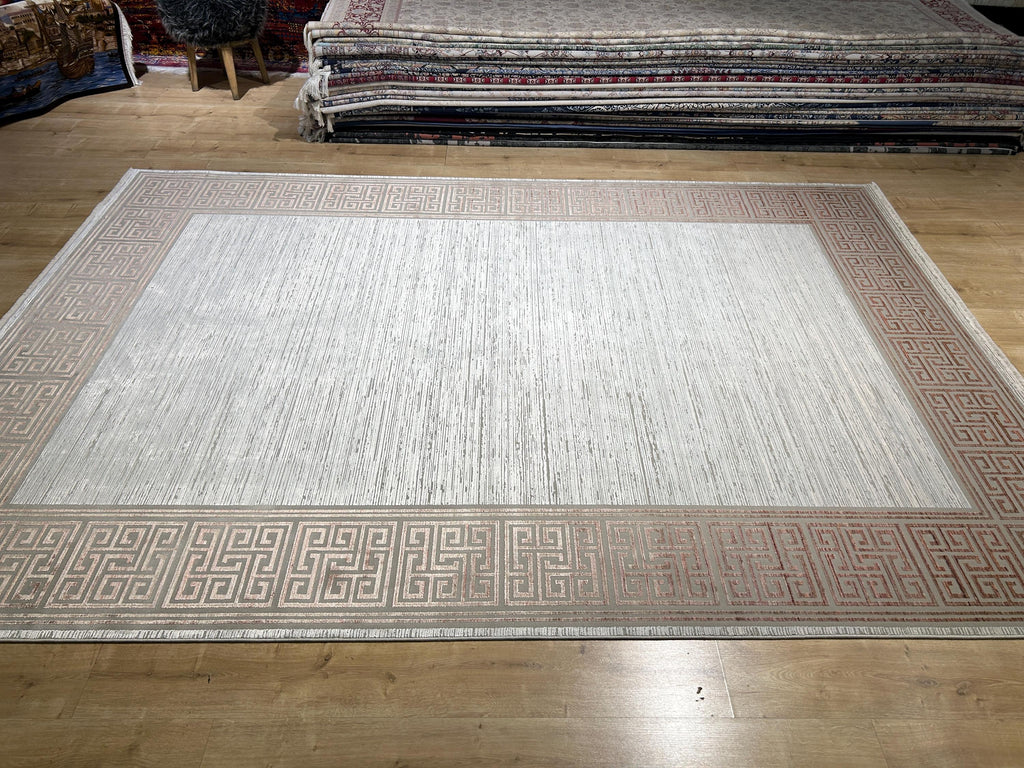 7x10 ft Brick Colour Gray Cream Bamboo Rug, Bordered Minimalist Modern Rug