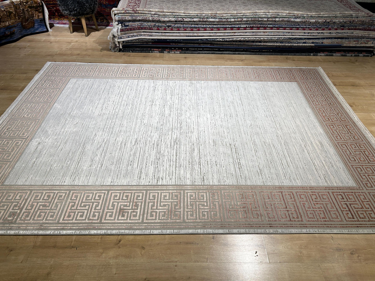 7x10 ft Brick Colour Gray Cream Bamboo Rug, Bordered Minimalist Modern Rug