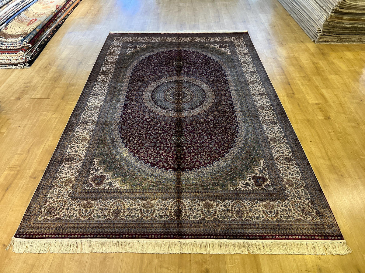 7x10 ft Red Silk Bamboo Rug, Medallion Design Carpet, Ottoman Style Carpet