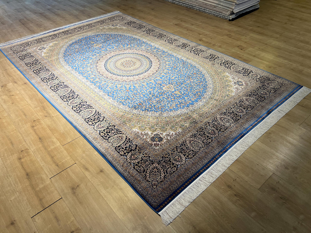 Blue Silk Rug 7x10 ft, Medallion Design Classic Turkish Carpet