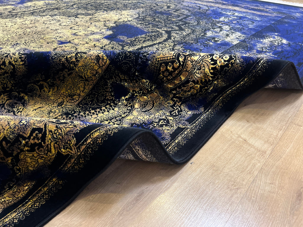 7x10 ft Navy Blue Silk Rug, Antique Distressed Pattern Gold Medallion, Classic Design