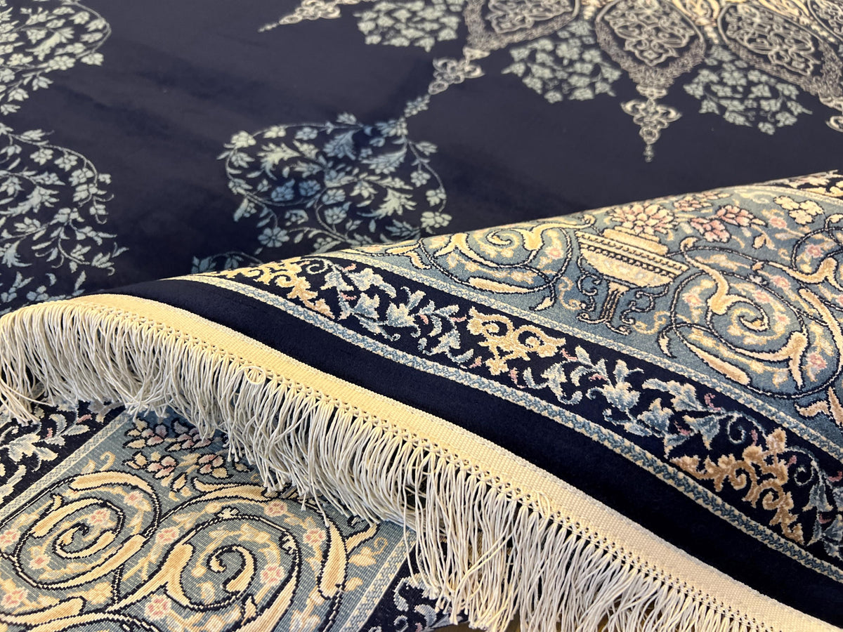 7x10 ft Elegant Navy Blue Silk Rug, Traditional Classic Medallion