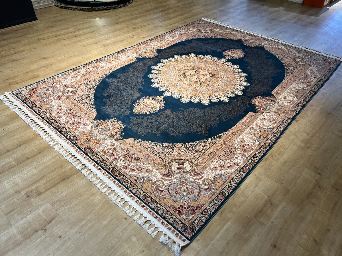 Blue Beige Silk Palace Rug, 8x11 ft, Traditional Turkish Carpet