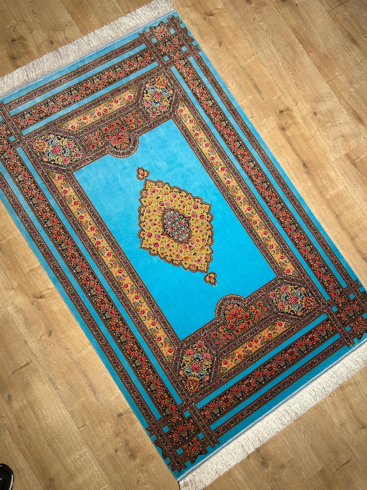 Blue Silk Rug, Floral Medallion and Border Design Classic Luxury Silk Carpet