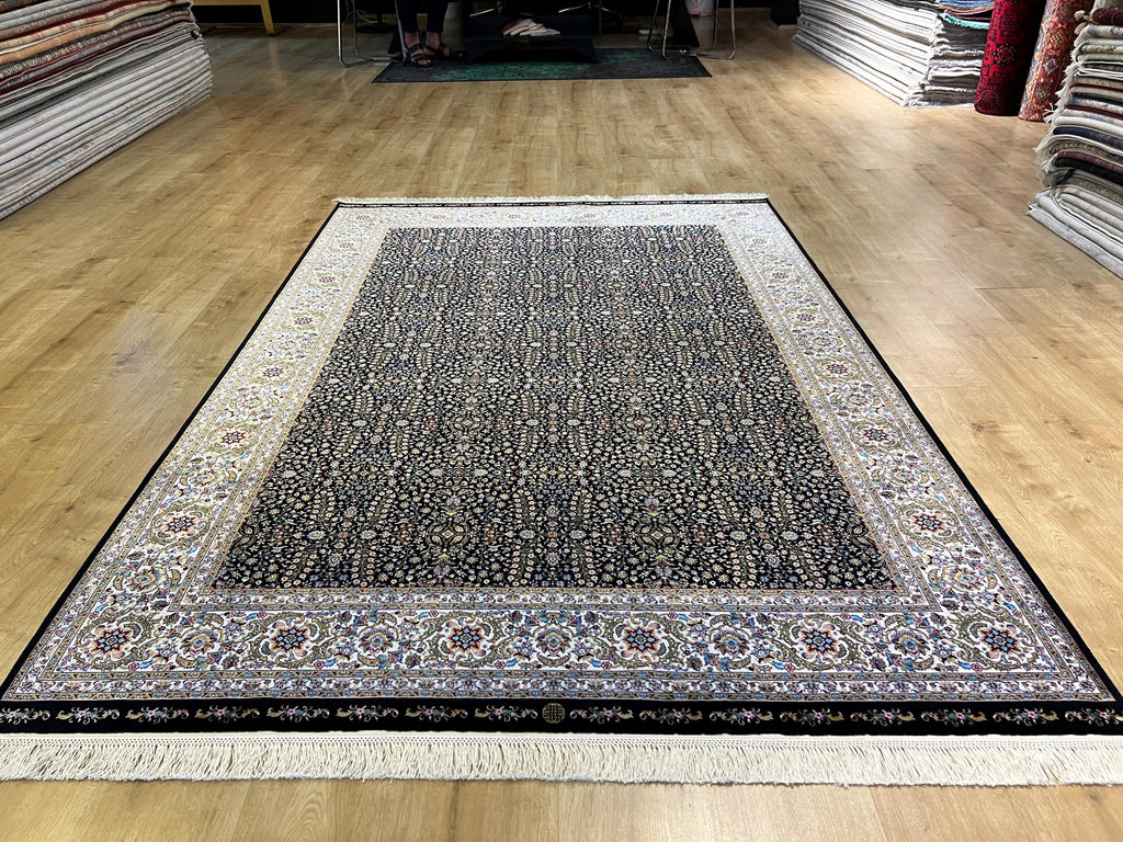 5x8 ft Black Floral Modal Silk Rug, Turkish Style Home Decor